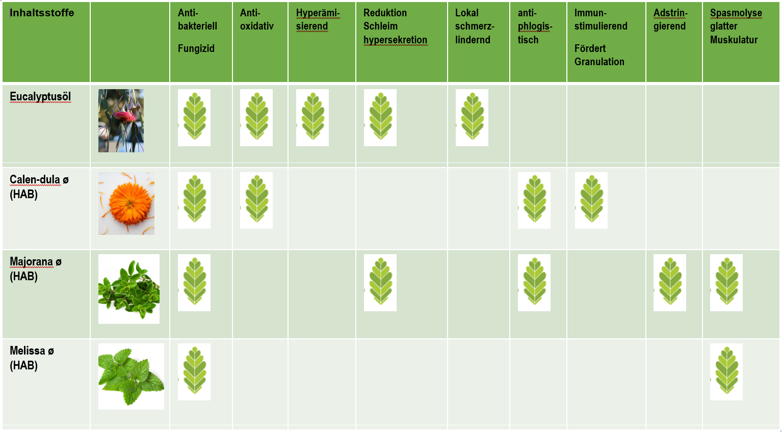 Tabelle Wirkungen der in EucaComp® PlantaVet enthaltenen Pflanzenextrakte